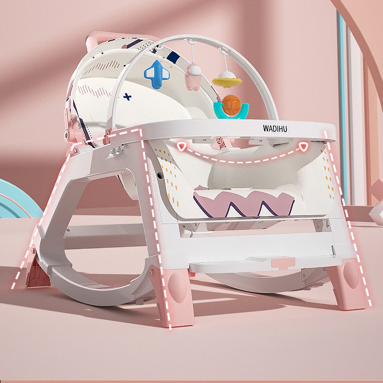 White baby play gym with colorful toys on a pink background