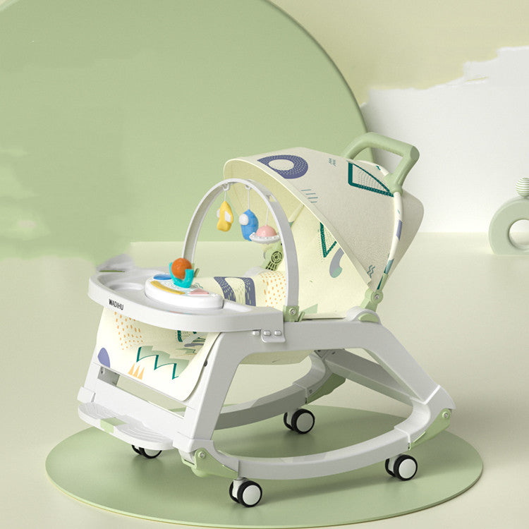 Baby walker with colorful design on a light green background