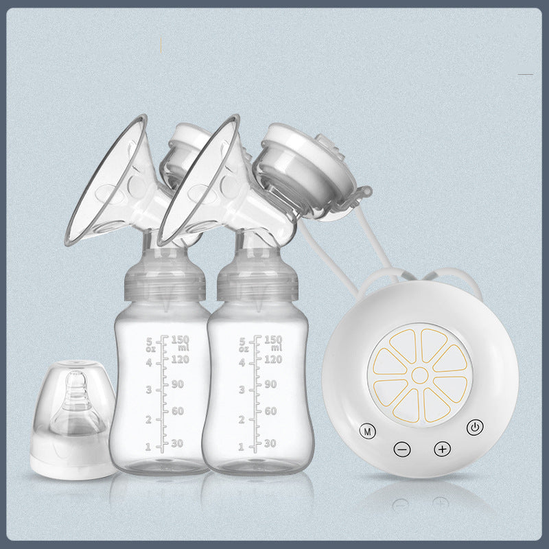 Breast pump with two bottles and control unit on a light blue background