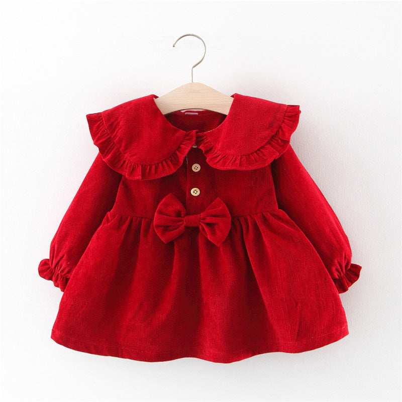 Baby Girl Bow Corduroy Dress - Soft Cotton Long Sleeve Princess Outfit