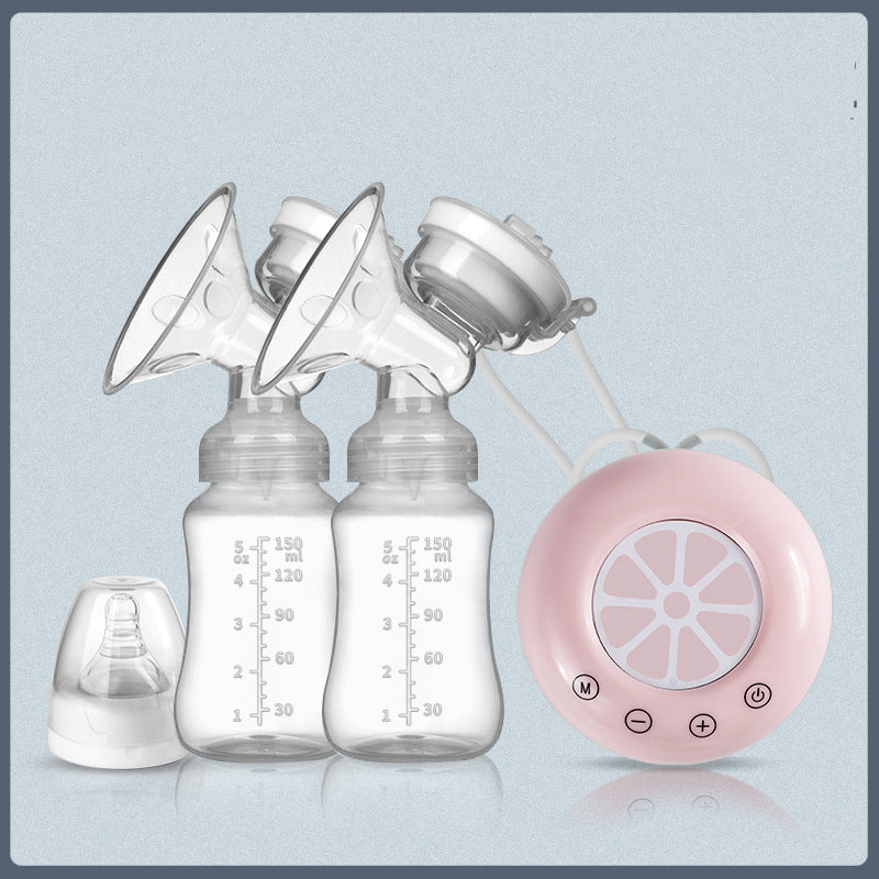 Breast pump with two bottles and a pink control unit on a light blue background