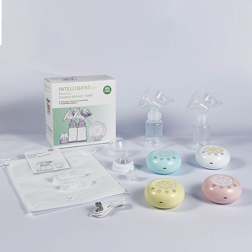 Electric breast pump set with packaging, parts, and accessories on a light gray background