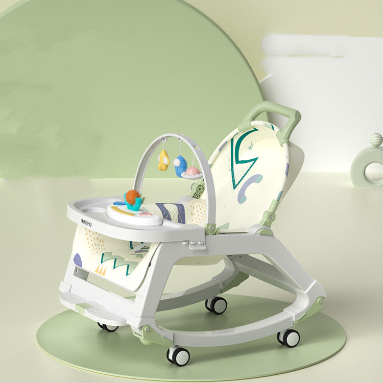 Baby walker with colorful design on a light green background