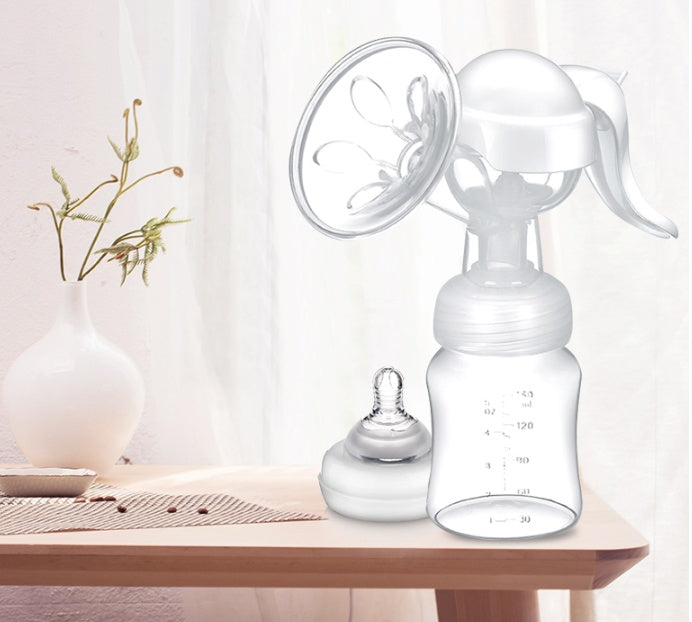 Breast pump and bottle on a wooden surface with a white background