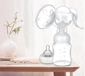 Breast pump and bottle on a wooden surface with a white background