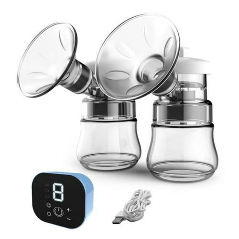 Double breast pump with clear jars and digital controller on a white background