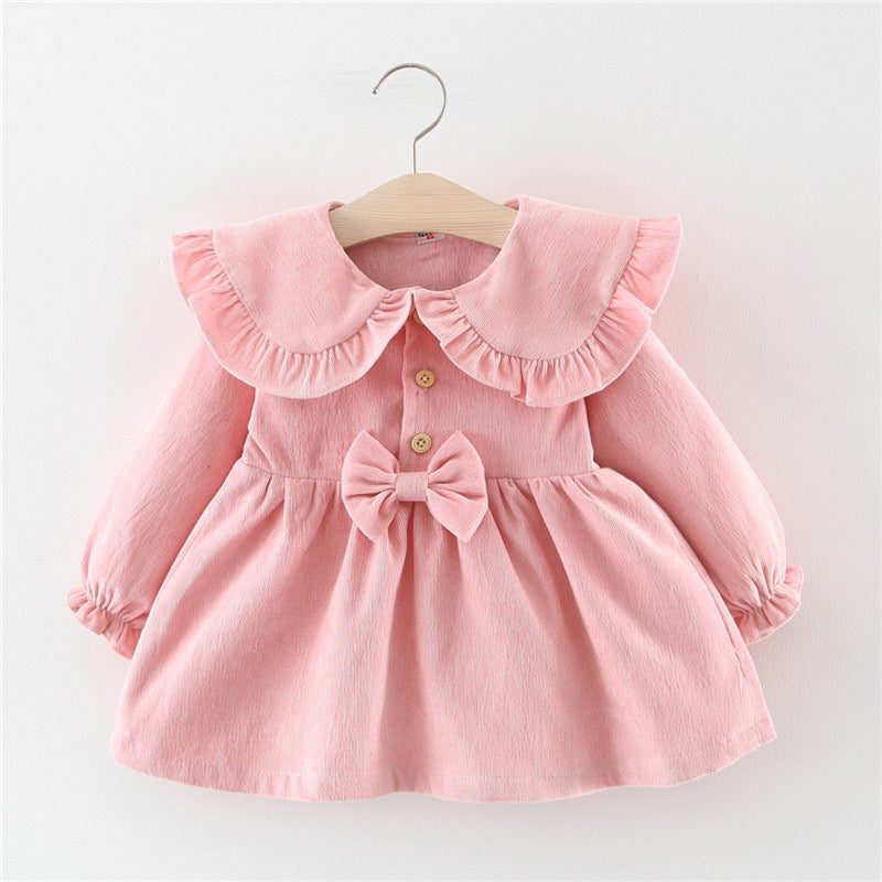 Baby Girl Bow Corduroy Dress - Soft Cotton Long Sleeve Princess Outfit