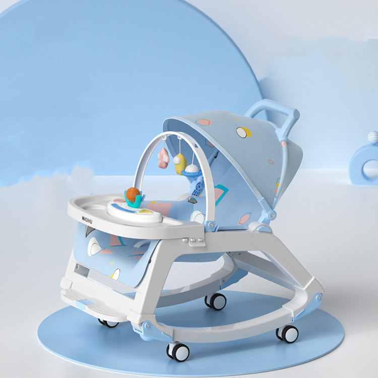 Baby walker with colorful design on a light blue background