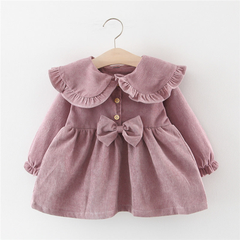 Baby Girl Bow Corduroy Dress - Soft Cotton Long Sleeve Princess Outfit