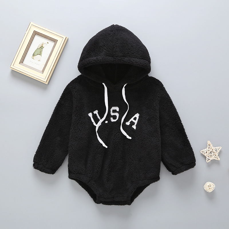Black baby hoodie with 'U.S.A' print on a light gray background