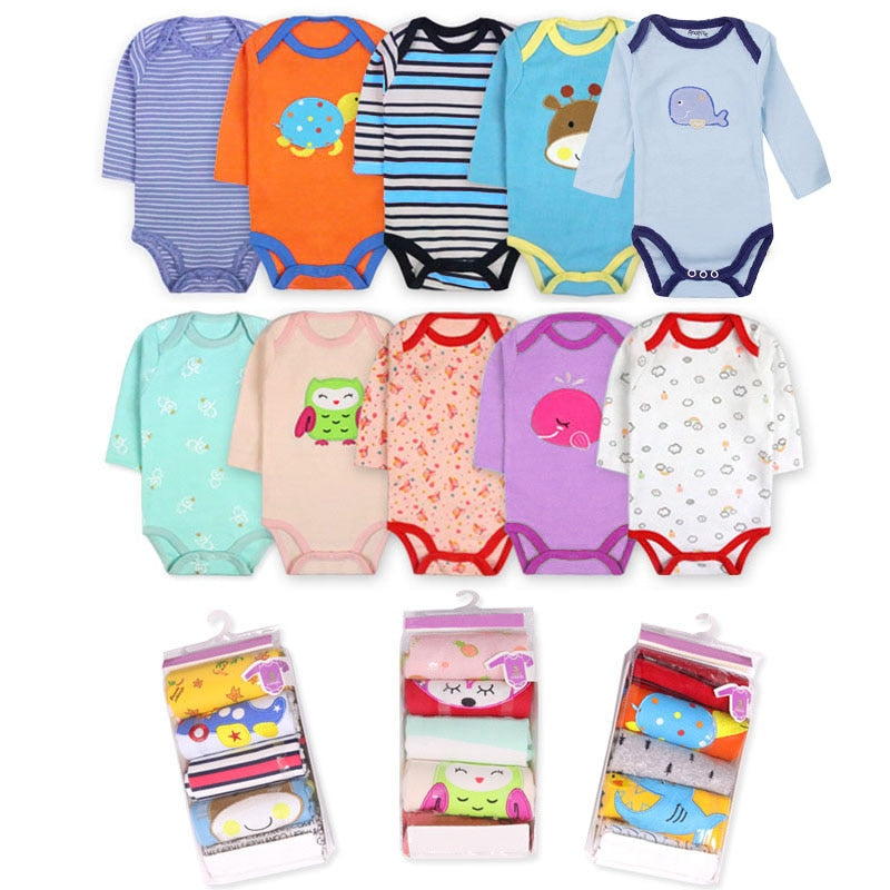 Collection of colorful baby onesies with various designs on a white background