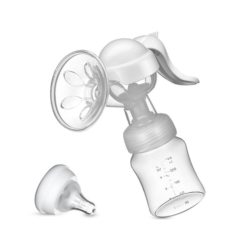 White manual breast pump with accessories on a white background