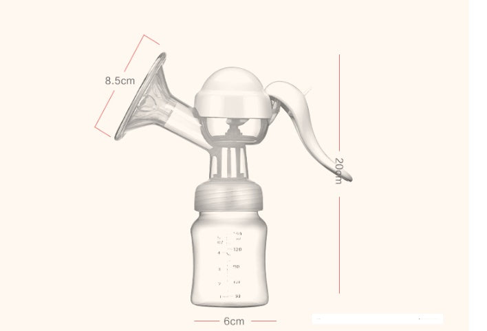 White breast pump with measurements on a beige background