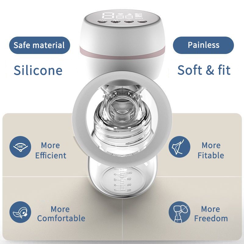 Silicone breast pump with features listed on a beige background