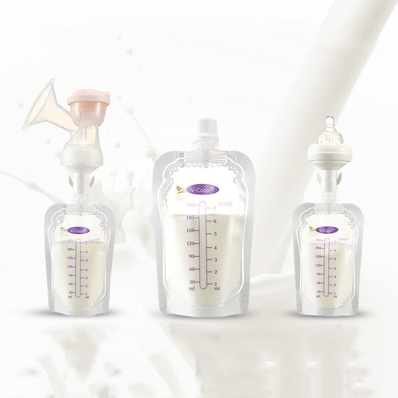 Breast pump and storage bags with milk on a white background