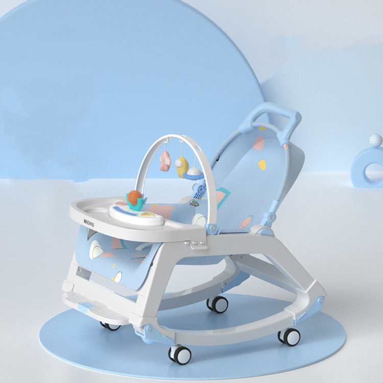 Baby walker with colorful design on a light blue background