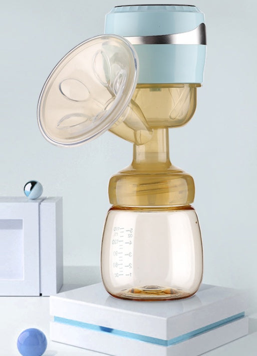 Breast pump with a clear and blue design on a white surface