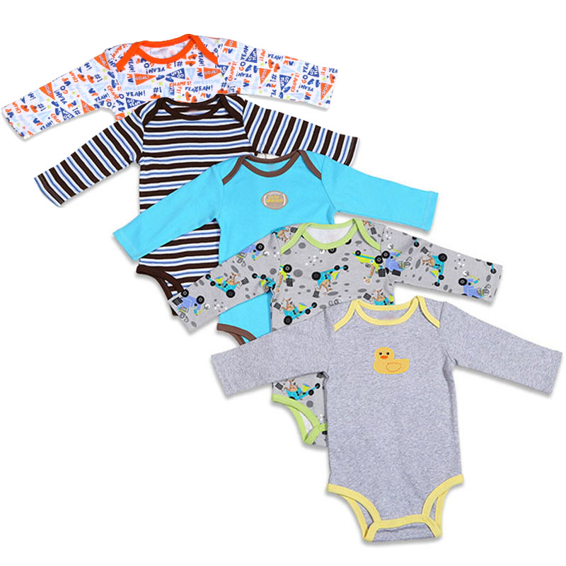 Collection of baby bodysuits with various patterns and colors on a white background