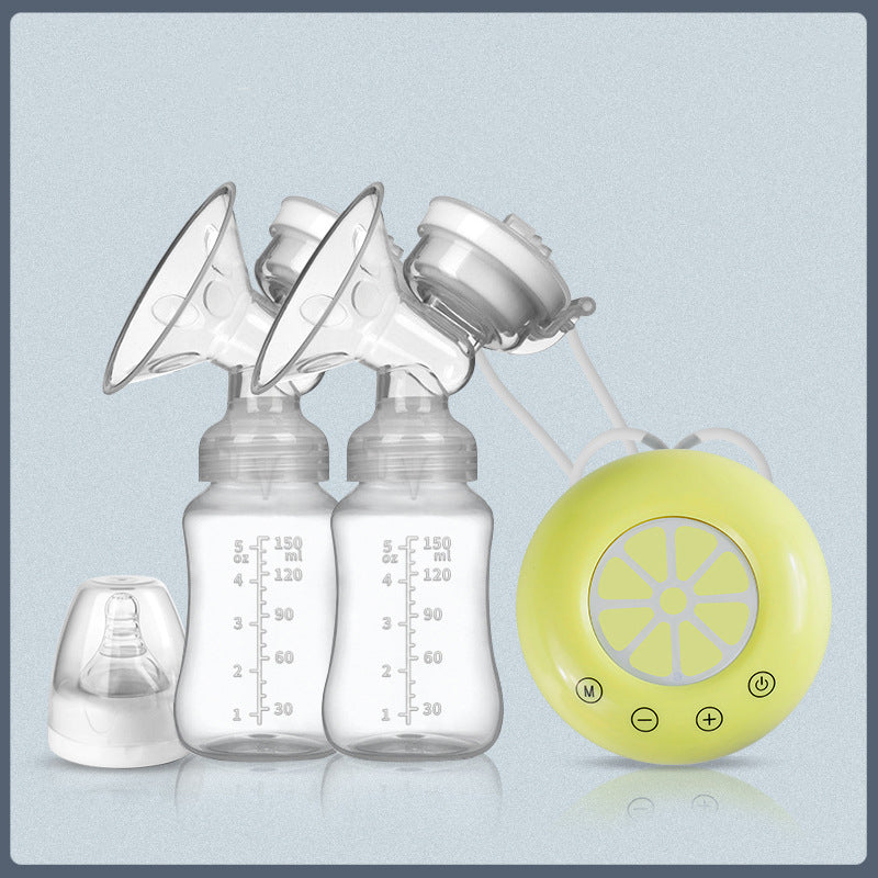 Breast pump with clear bottles and yellow control unit on a light blue background