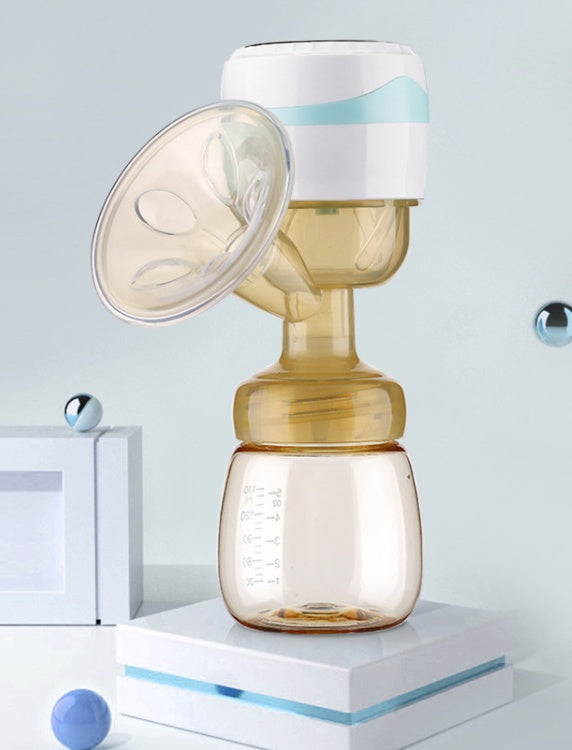 Breast pump with a clear bottle on a light gray background