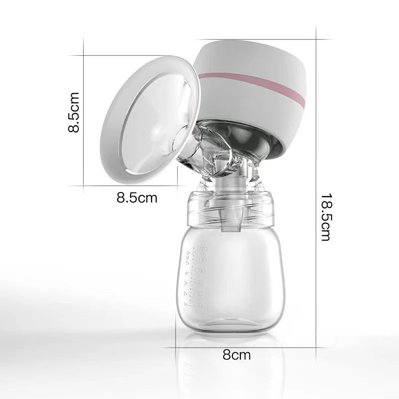 Handheld breast pump with clear container and white pump head, showing dimensions on a white background.