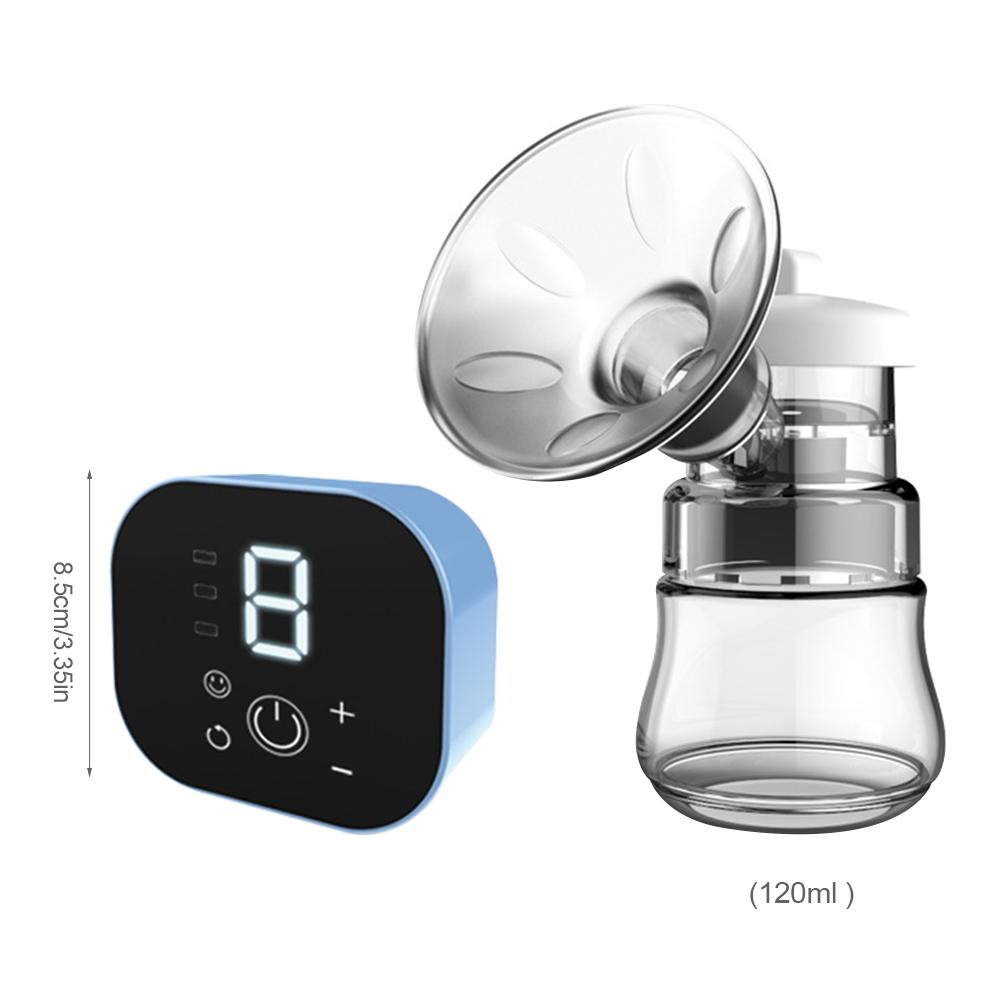 Breast pump with digital display and dimensions on a white background