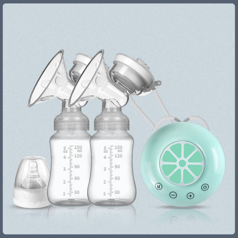 Breast pump with two bottles and a control unit on a light blue background