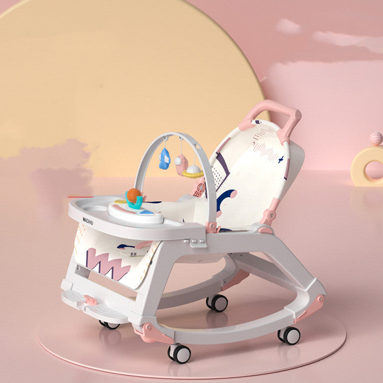 Baby walker with toys on a pink and yellow background