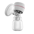 Breast pump with clear container and white and pink design on a white background