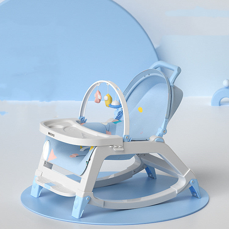 Baby bath seat with toy bar on a light blue background