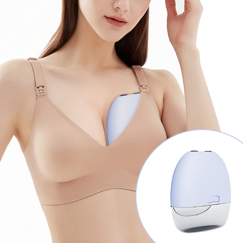 Woman wearing a beige wireless bra with a close-up of a blue device inset.