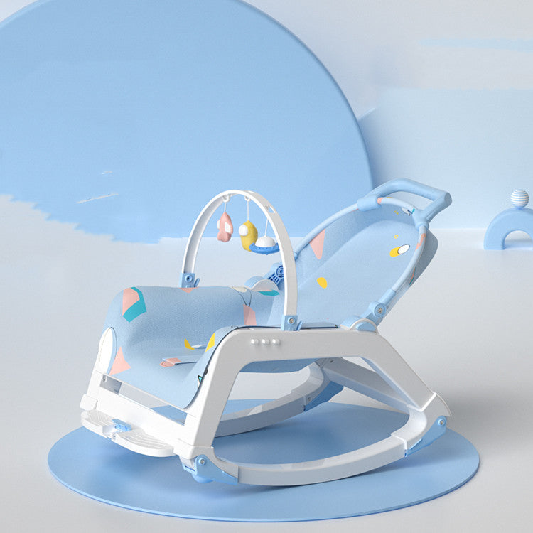 Baby swing with colorful design on a light blue background