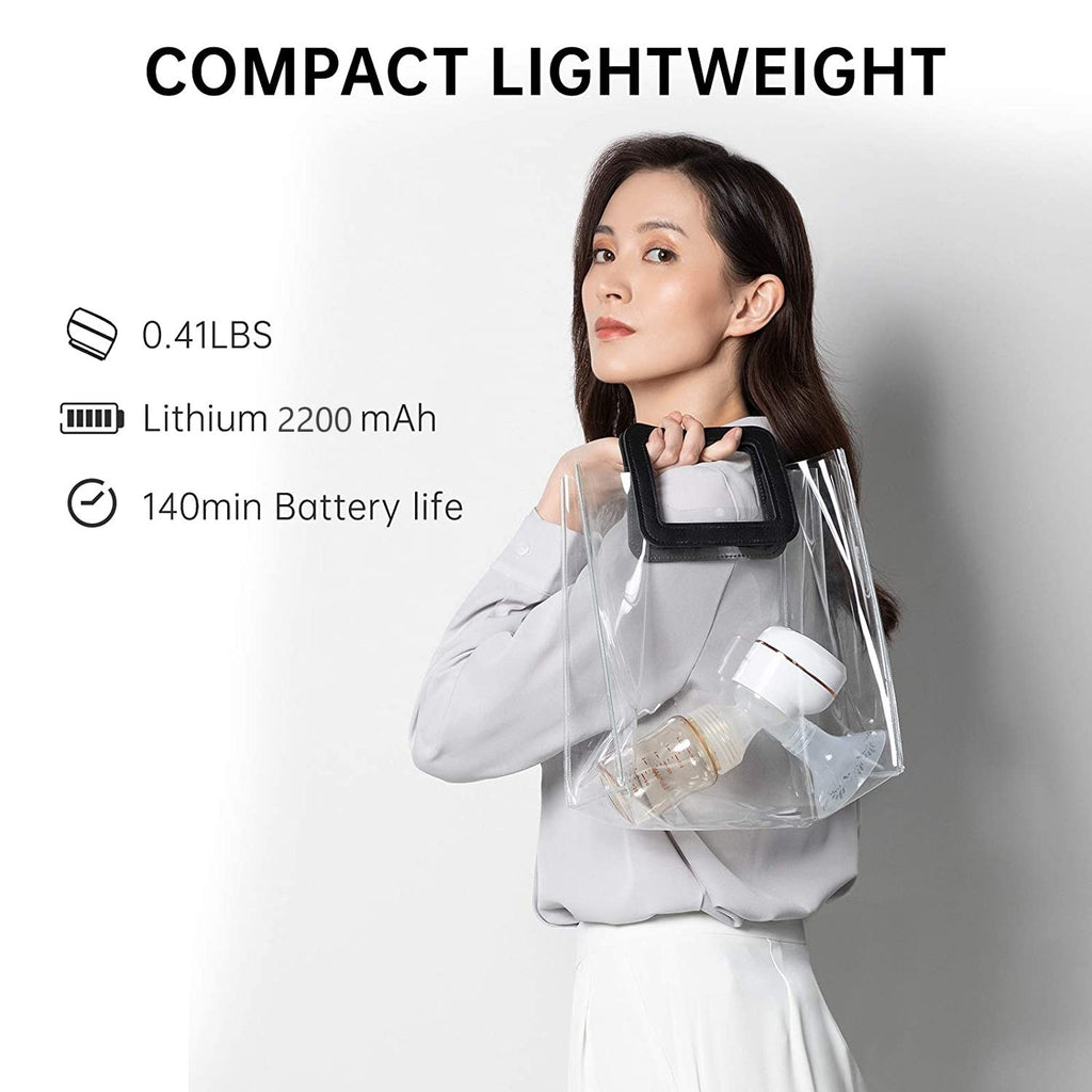 Woman holding a transparent handbag with product specifications on a white background