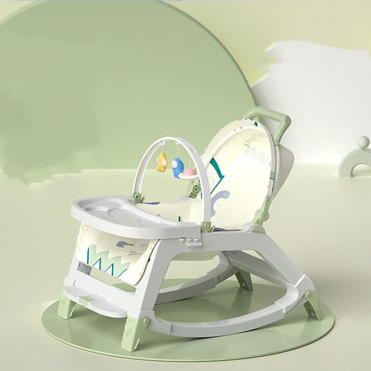 Baby swing with colorful toys on a light green background