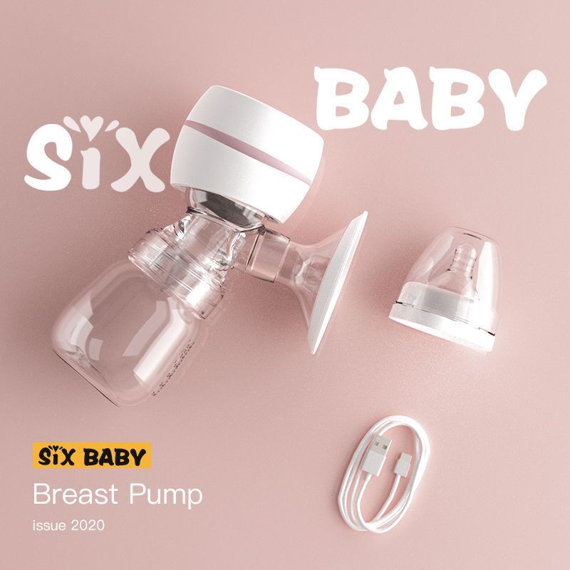 Six Baby breast pump with accessories on a pink background