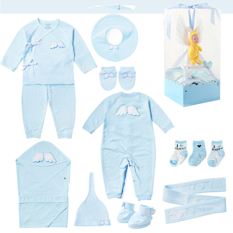 Collection of baby blue clothing and accessories including onesies, hats, and socks on a white background.