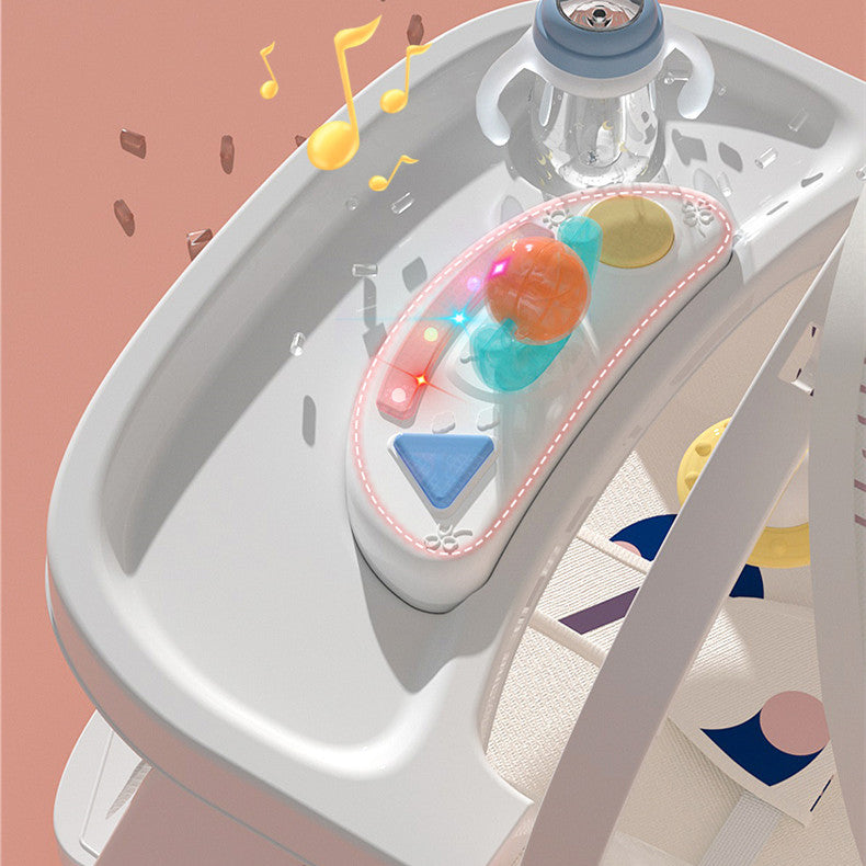 Baby bathtub with colorful toy and musical notes on a pink background